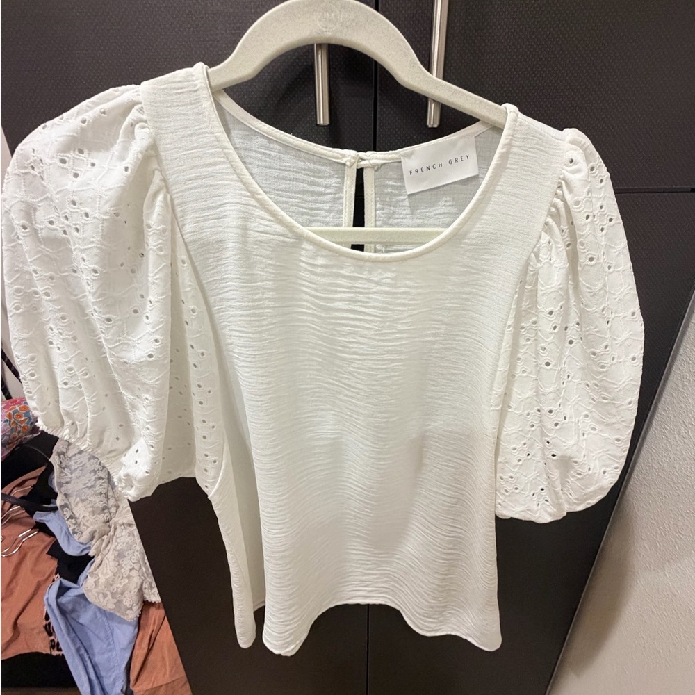 French Grey White Puff Sleeve Eyelet Blouse